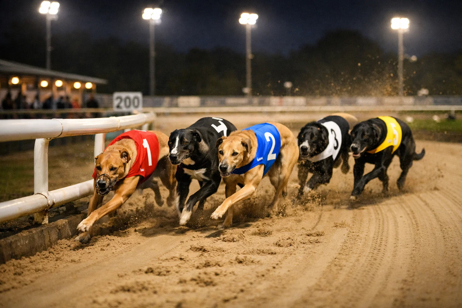 Greyhounds racing around the bend at Harlow Stadium during a 415-metre standard distance race under floodlights