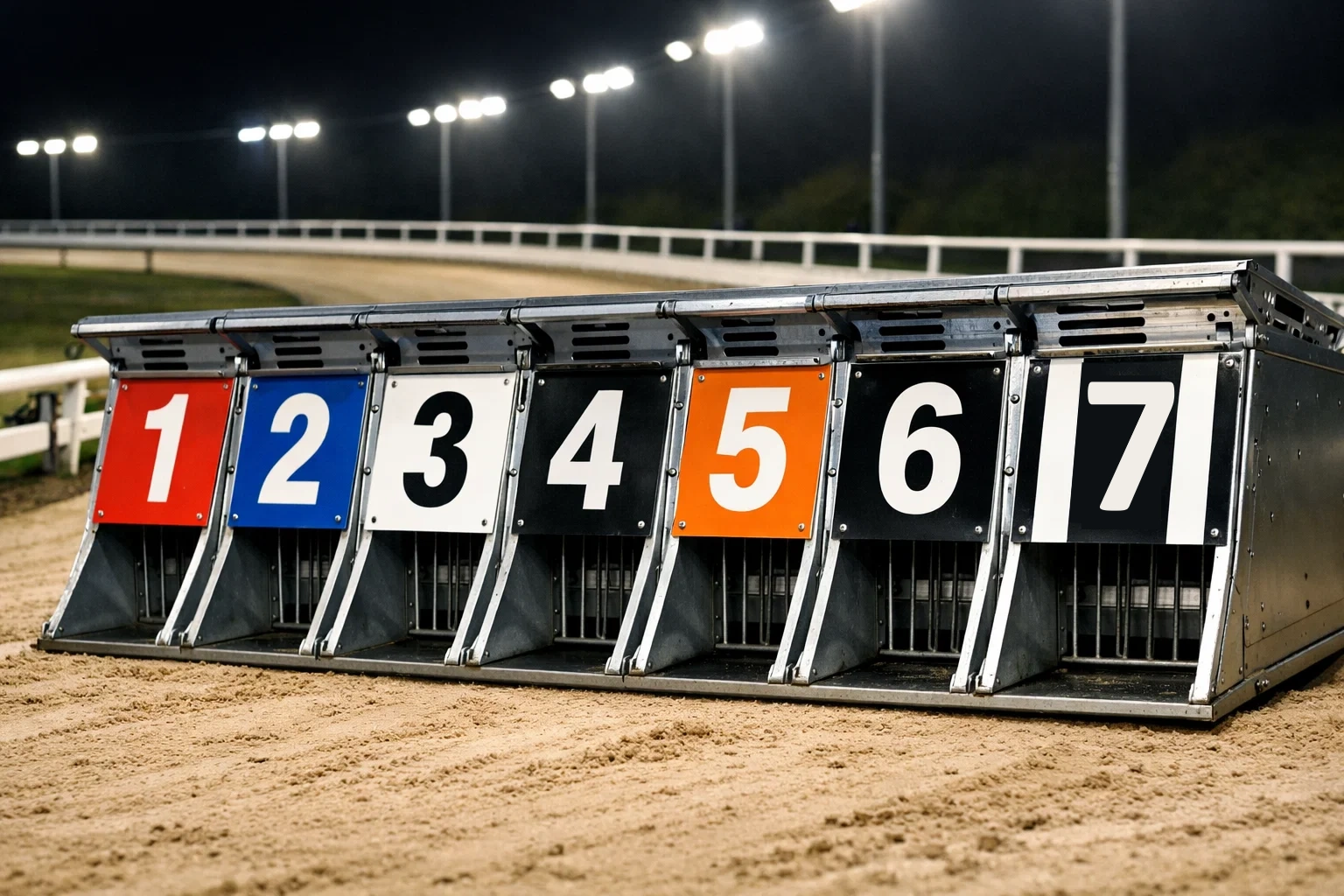 Six numbered greyhound starting traps at Harlow Stadium with coloured lids from red trap one to striped trap six