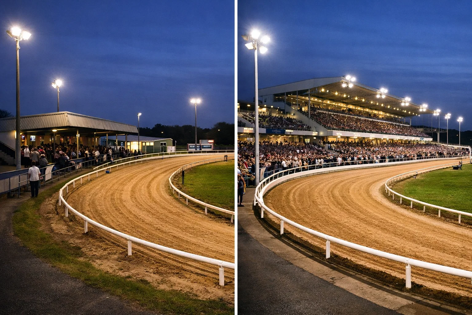 Split view of two greyhound stadiums showing the smaller Harlow track on the left and the larger Romford oval on the right during evening racing