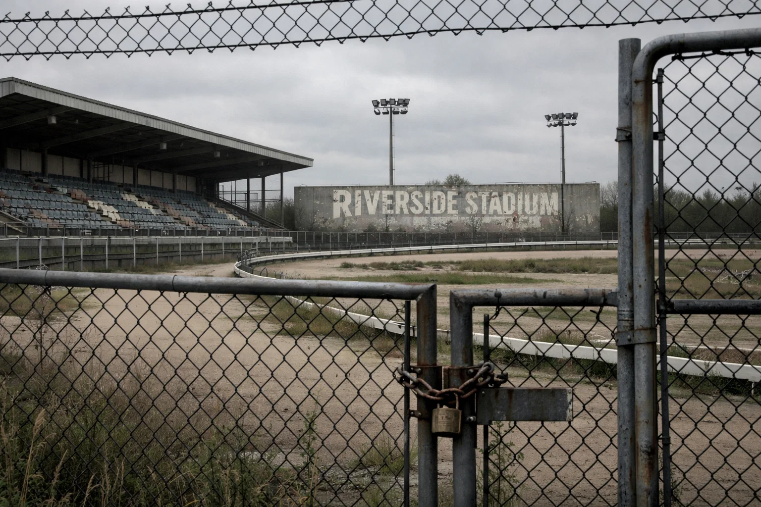Empty grandstand seating at a closed UK greyhound stadium with overgrown track surface and faded signage